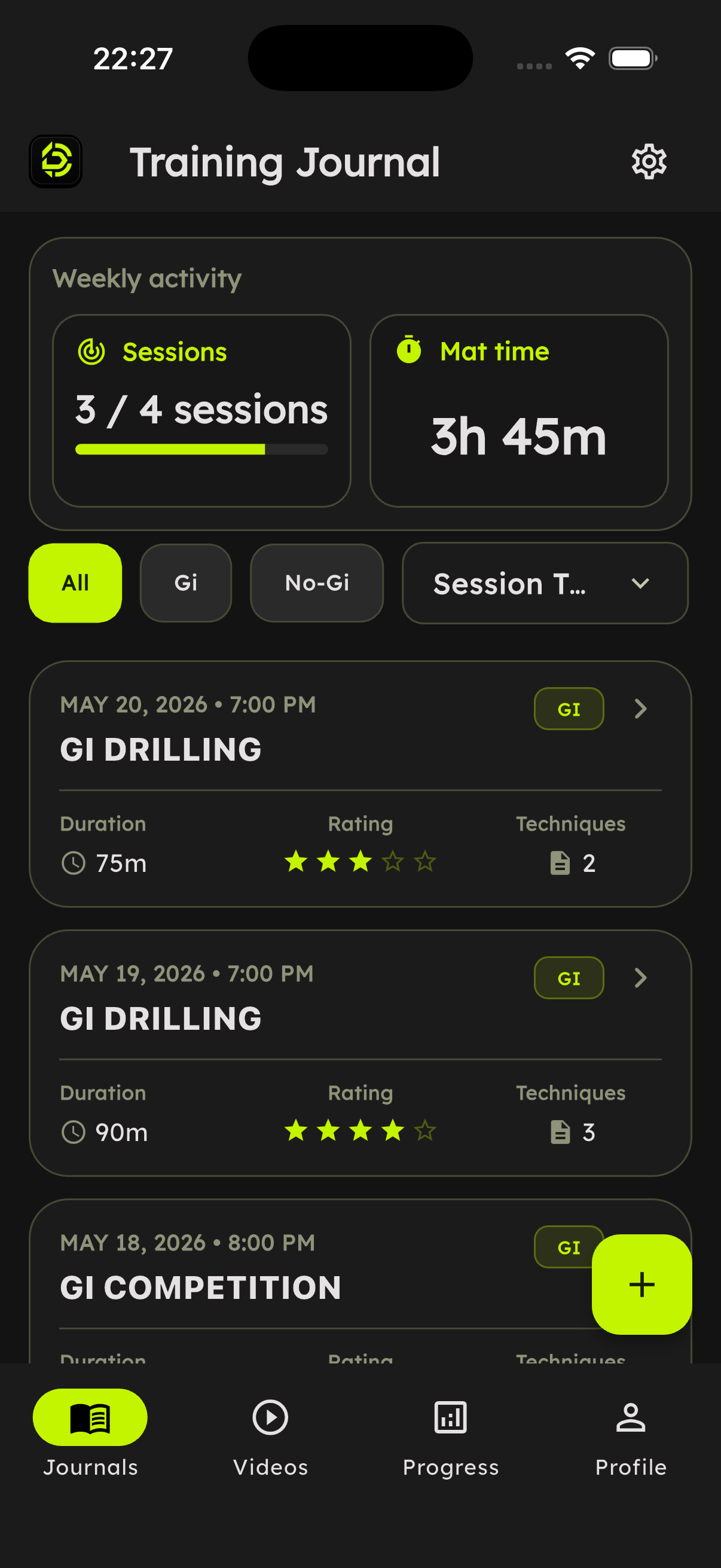 Training journal list screen